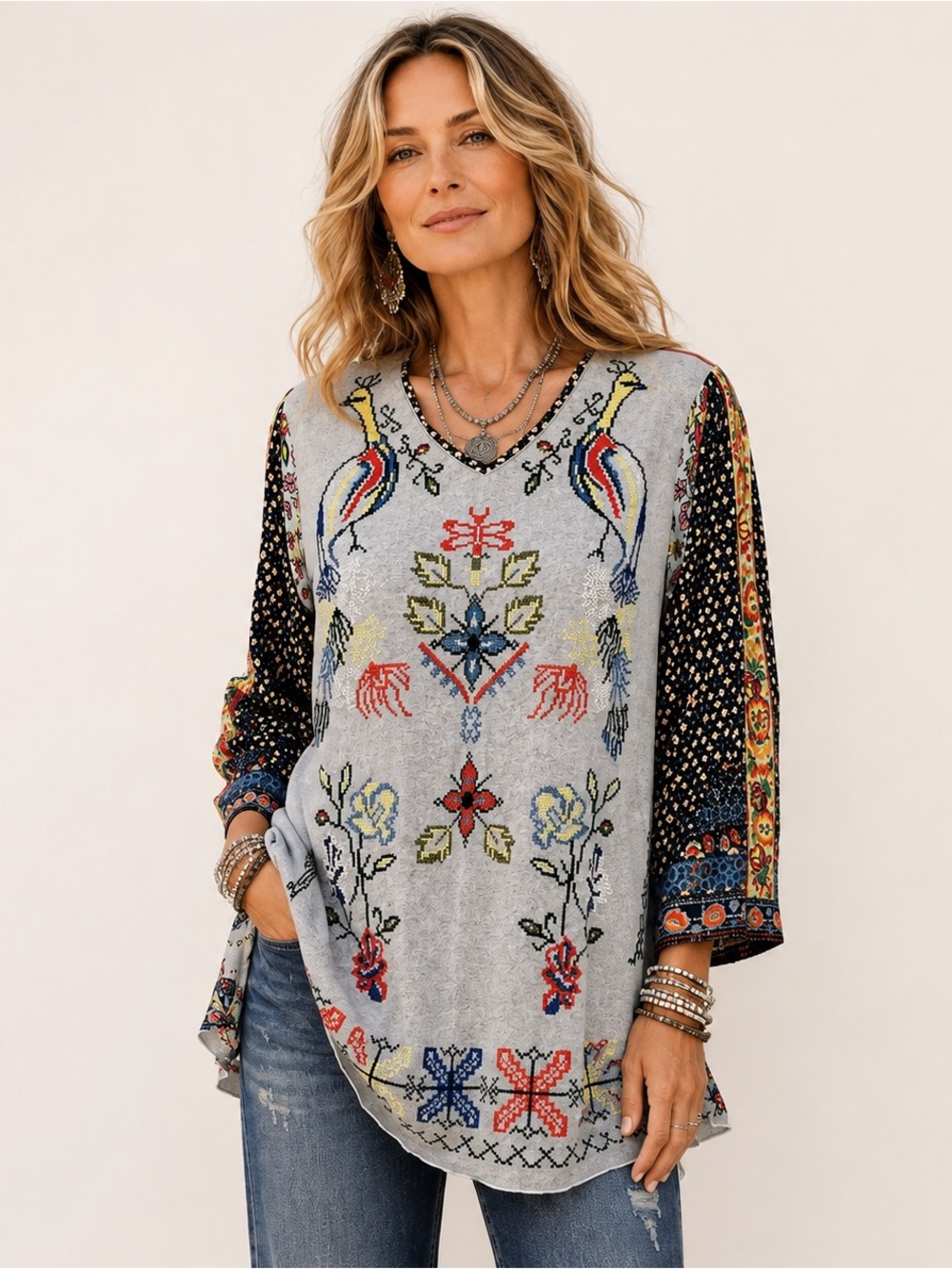Sz XS John Mark Gray Mexican Embroidered Pea Hen Tunic Shirt